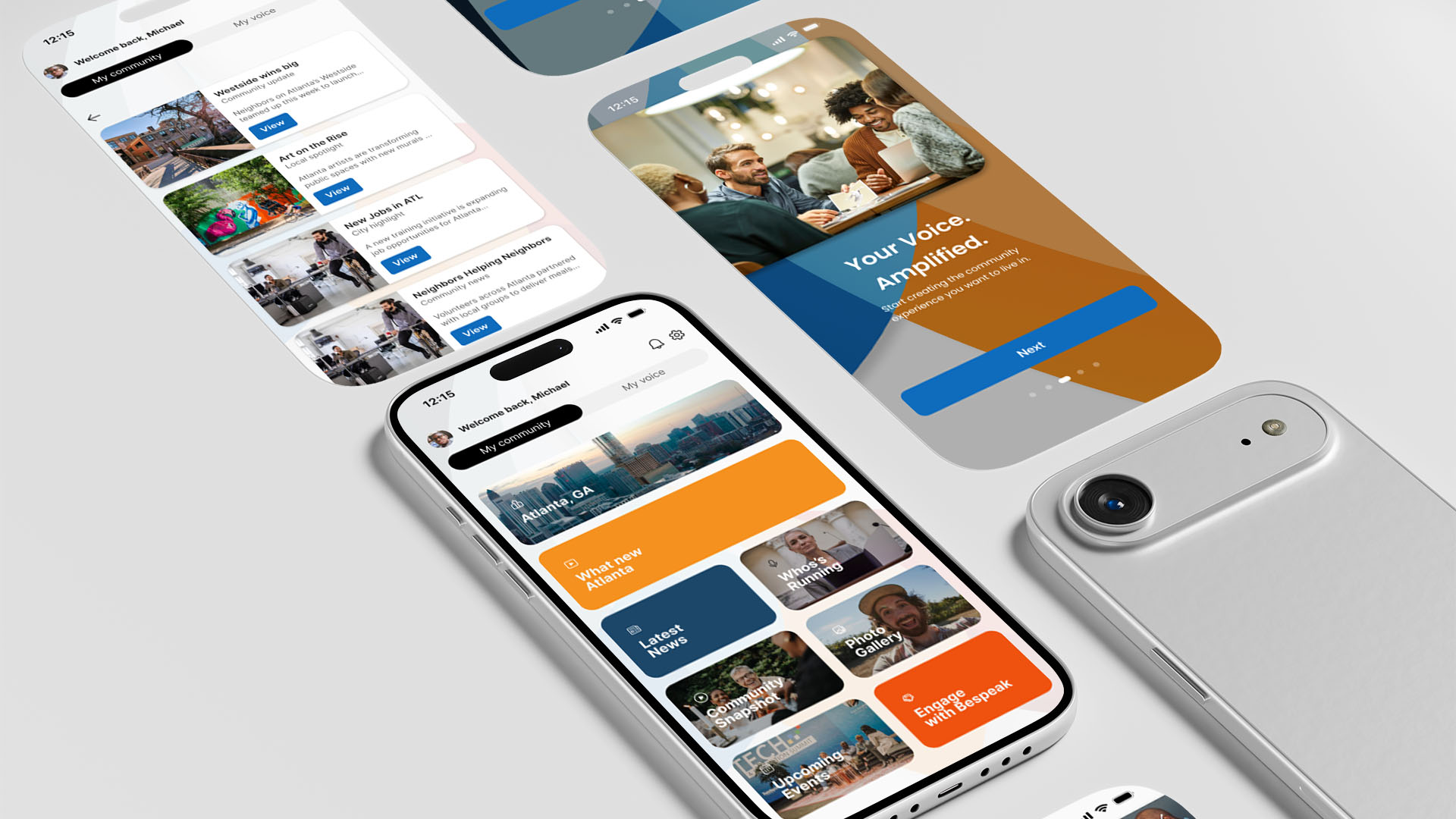 Bespeak mobile home screen showing community, news, leadership, photo gallery, and upcoming events modules